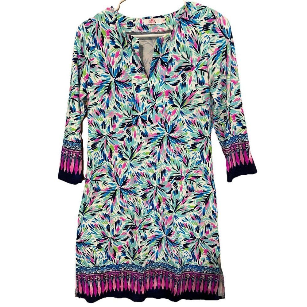Aryeh Julie Split Neck 3/4 Sleeve Slip On Knit Dress Tropical Colorful  Size XS
